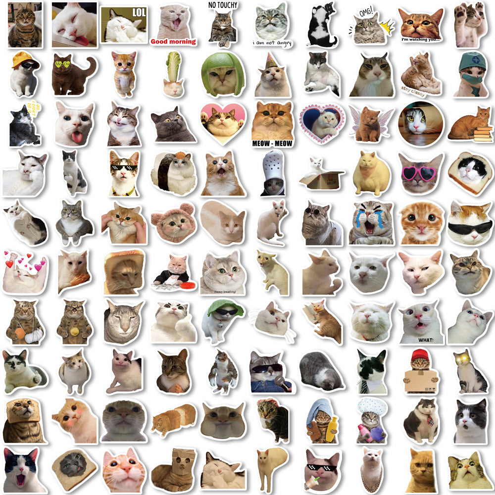 100pcs Funny Cat Meme Stickers Pack – Waterproof Vinyl Decals for Laptop, Water Bottle, Scrapbook, Gifts - 887302